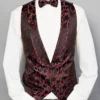 Midnight Rose Wedding Waistcoat, black with red scroll pattern, available with matching bow tie