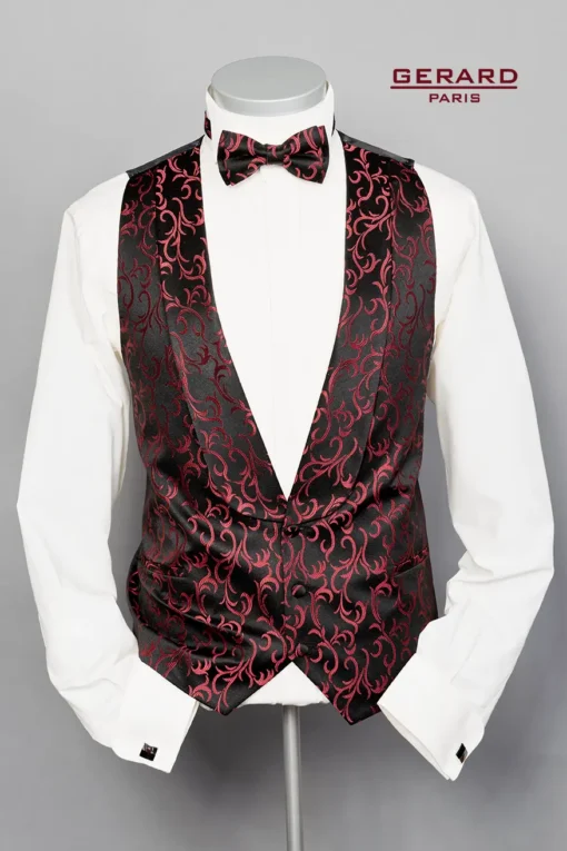 Midnight Rose Wedding Waistcoat, black with red scroll pattern, available with matching bow tie