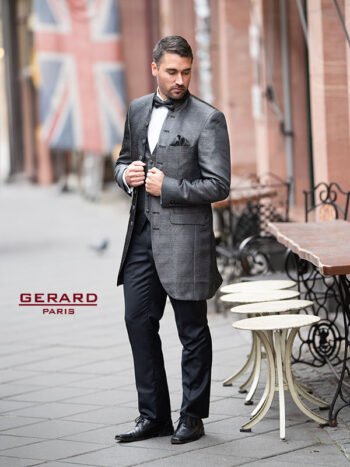 Wedding Suit Frock Coat Model Jakarta in Silver Brocade with Black Slim Fit Pants