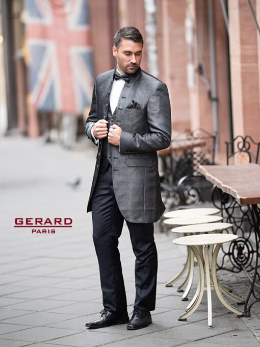 Wedding Suit Frock Coat Model Jakarta in Silver Brocade with Black Slim Fit Pants