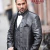 Wedding Suit Frock Coat Model Jakarta in Silver Brocade with Black Slim Fit Pants