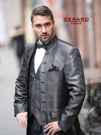 Wedding Suit Frock Coat Model Jakarta in Silver Brocade with Black Slim Fit Pants