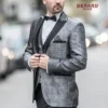 Monte Carlo Glamour Wedding Suit in metallic silver with black satin lapels, featuring a matching vest and black bow tie