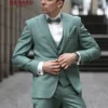 Wedding Suit “Verde Vogue” in spring green, featuring a tailored jacket, vest, and bow tie with ivory tuxedo shirt