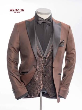 Brown Wedding Suit with Black Satin Lapels and Brocade Vest