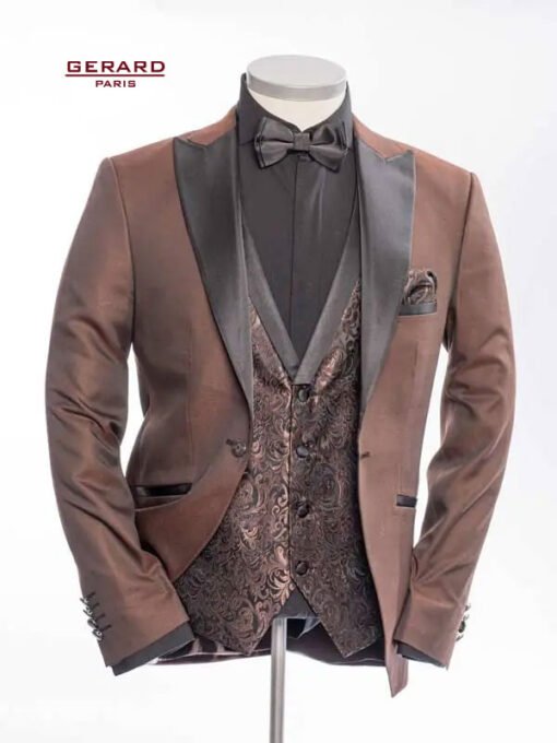 Brown Wedding Suit with Black Satin Lapels and Brocade Vest