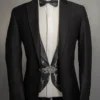 Noir Majesty Tuxedo with embroidered waistcoat and bow tie, black with silver embroidery and brooch detail