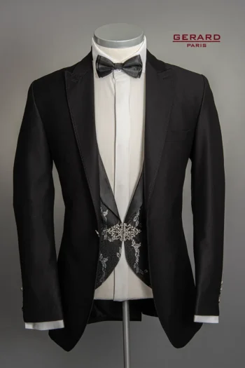 Noir Majesty Tuxedo with embroidered waistcoat and bow tie, black with silver embroidery and brooch detail