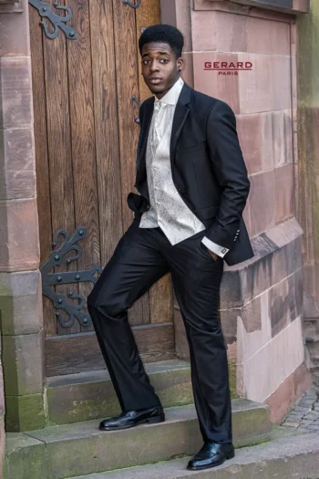 Timeless Elegance Black Wedding Suit with ivory paisley waistcoat and ascot tie