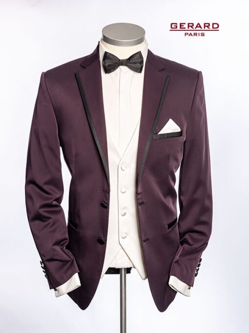 Wedding Suit “Paris Burgundy” with Black Satin Trim and Ivory Vest