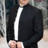Taschkent Wedding Suit in Black with Ivory Accents, featuring a high stand-up collar and 7-button closure