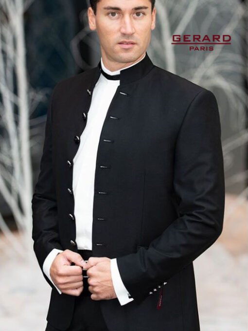 Taschkent Wedding Suit in Black with Ivory Accents, featuring a high stand-up collar and 7-button closure