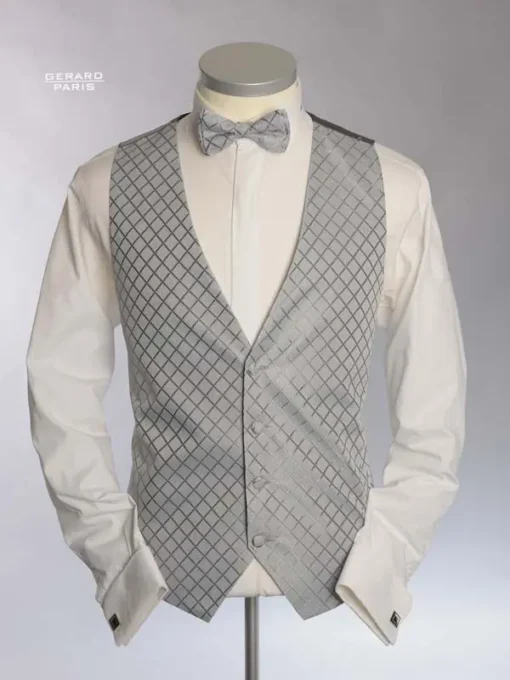 Grey wedding waistcoat AL-NO2 with grid pattern, available with cravat or bow tie