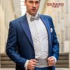 Royal blue slim-fit wedding suit with satin lapel and single-button closure