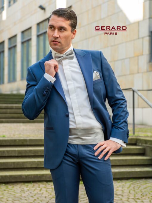 Royal blue slim-fit wedding suit with satin lapel and single-button closure