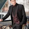 Wedding Suit Model Auckland in Black with Wine-Red Patterned Vest
