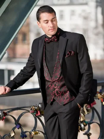 Wedding Suit Model Auckland in Black with Wine-Red Patterned Vest