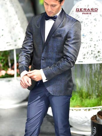 Wedding Suit Smoking “Caracas” in Black and Dark Blue Brocade Fabric with Satin Lapel