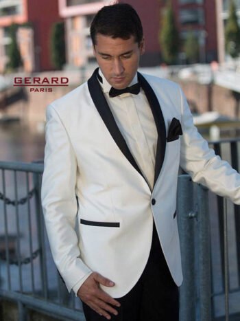Wedding Suit Smoking “Chicago” in White with Black Satin Lapel and Slim Fit Design