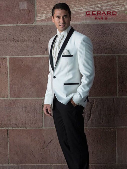 Wedding Suit Smoking “Chicago” in White with Black Satin Lapel and Slim Fit Design