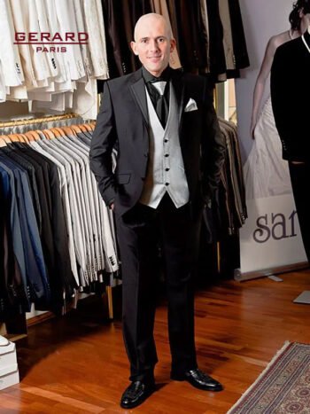 Wedding Suit Model Delhi in Black with Removable Satin Lapel and Gray Vest