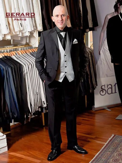 Wedding Suit Model Delhi in Black with Removable Satin Lapel and Gray Vest