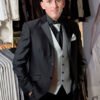 Wedding Suit Model Delhi in Black with Removable Satin Lapel and Gray Vest