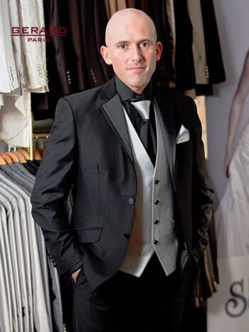 Wedding Suit Model Delhi in Black with Removable Satin Lapel and Gray Vest