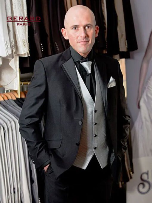 Wedding Suit Model Delhi in Black with Removable Satin Lapel and Gray Vest