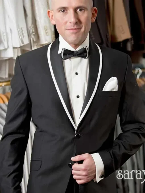 Black tuxedo with white shawl lapel and two-button closure – Modell Sorbonne Noir