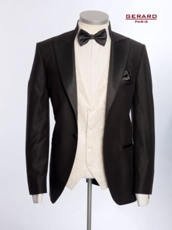 Black Wedding Suit with Satin Peak Lapels and White Vest – Model Opera
