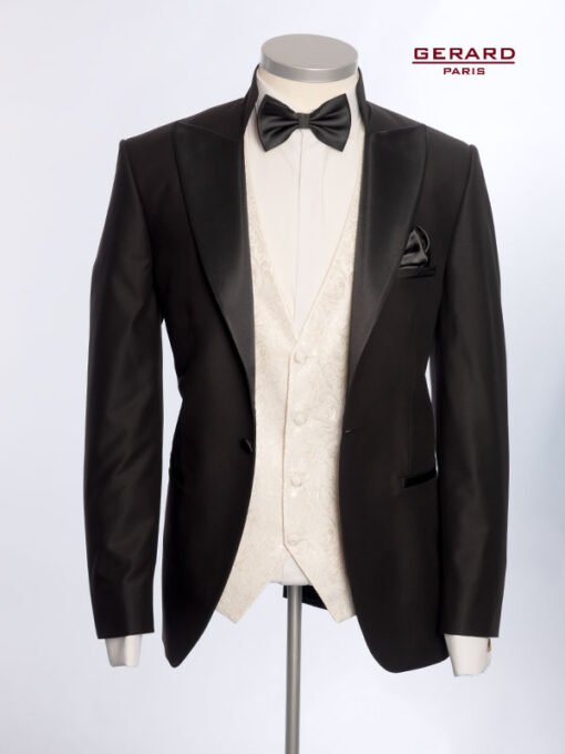 Black Wedding Suit with Satin Peak Lapels and White Vest – Model Opera