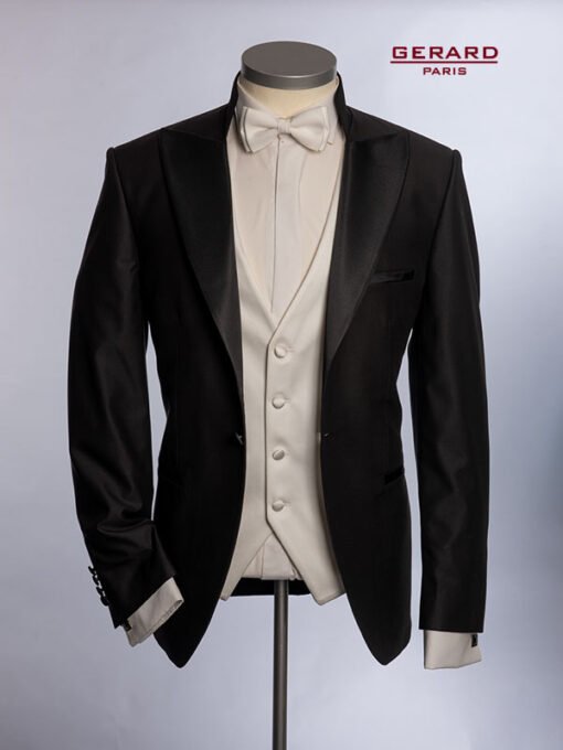 Black Wedding Suit with Satin Peak Lapels and White Vest – Model Opera