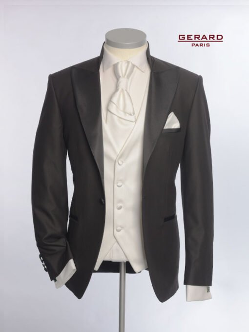 Black Wedding Suit with Satin Peak Lapels and White Vest – Model Opera