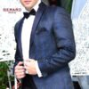 Wedding Suit Smoking “Caracas” in Black and Dark Blue Brocade Fabric with Satin Lapel