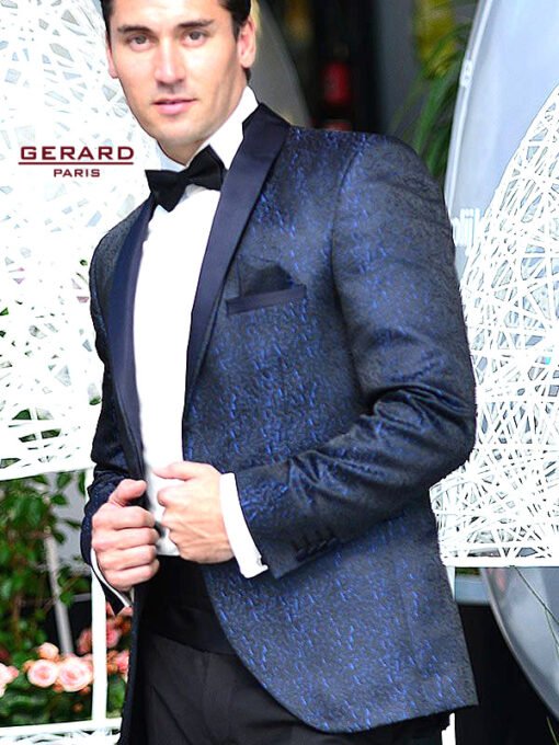 Wedding Suit Smoking “Caracas” in Black and Dark Blue Brocade Fabric with Satin Lapel