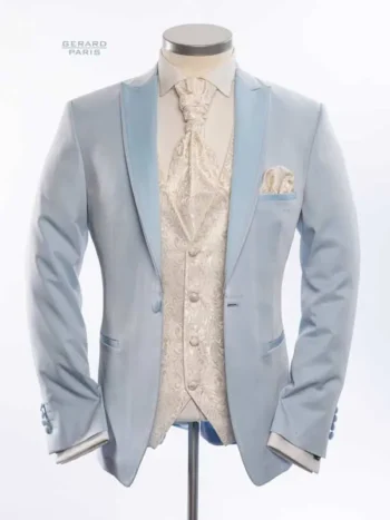 Baby Blue Wedding Suit with Satin Peak Lapels and Matching Trim