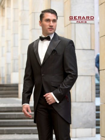 Cambridge Regal Cutaway wedding suit by Gerard Paris in black, featuring a satin lapel, slim fit, and formal tailcoat design