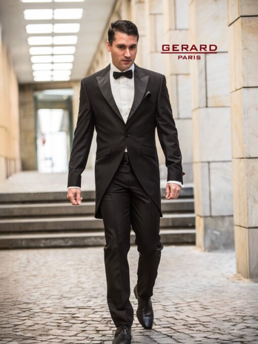 Cambridge Regal Cutaway wedding suit by Gerard Paris in black, featuring a satin lapel, slim fit, and formal tailcoat design