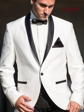 Wedding Suit Smoking “Chicago” in White with Black Satin Lapel and Slim Fit Design