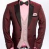 Bordeaux Wedding Suit with Satin Stand-Up Collar and Black Satin Trim
