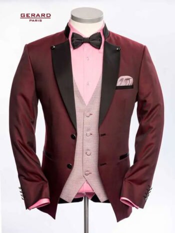 Bordeaux Wedding Suit with Satin Stand-Up Collar and Black Satin Trim