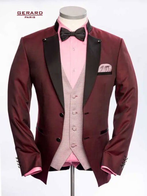 Bordeaux Wedding Suit with Satin Stand-Up Collar and Black Satin Trim