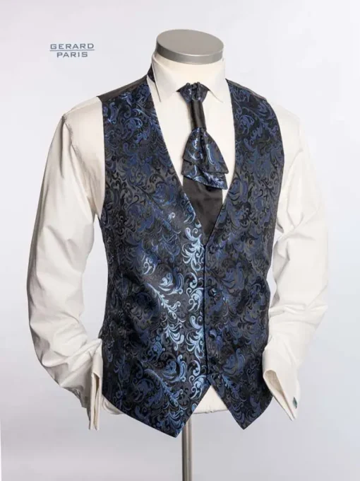 Wedding Waistcoat AL-BLA-NR90 in blue and black paisley pattern with matching cravat or bow tie