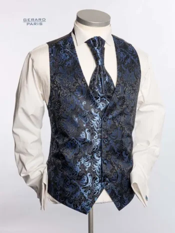 Wedding Waistcoat AL-BLA-NR90 in blue and black paisley pattern with matching cravat or bow tie