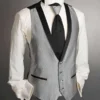 Gray wedding waistcoat with black shawl collar and subtle black accents, available with matching ascot tie and pocket square