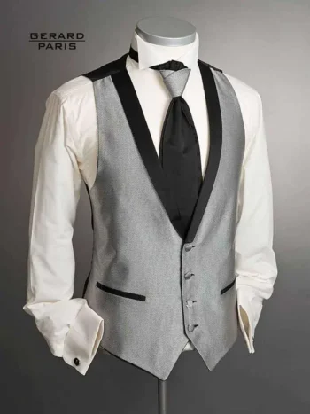 Gray wedding waistcoat with black shawl collar and subtle black accents, available with matching ascot tie and pocket square