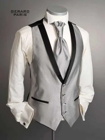 Gray wedding waistcoat with black shawl collar and subtle black accents, available with matching ascot tie and pocket square