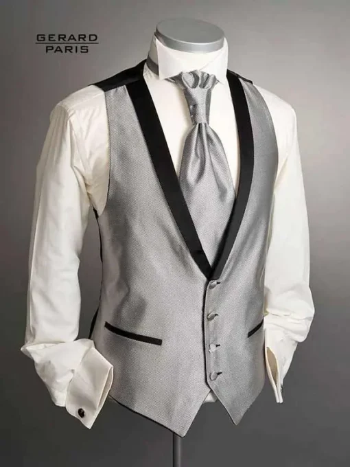 Gray wedding waistcoat with black shawl collar and subtle black accents, available with matching ascot tie and pocket square