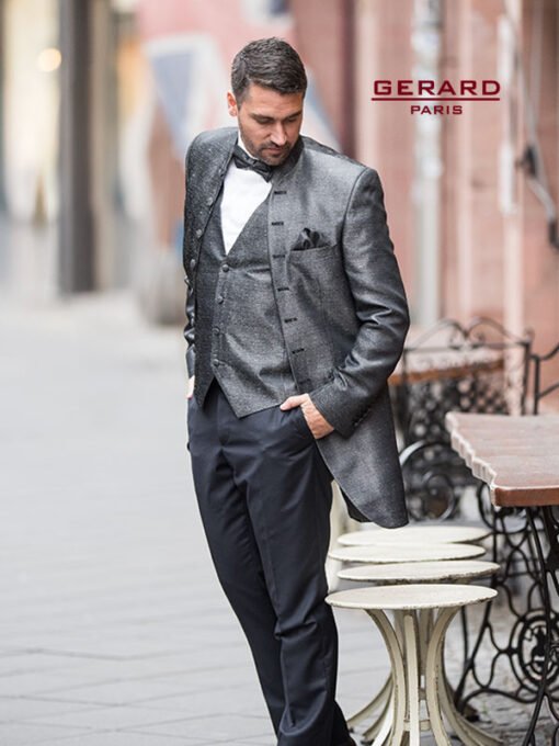 Wedding Suit Frock Coat Model Jakarta in Silver Brocade with Black Slim Fit Pants